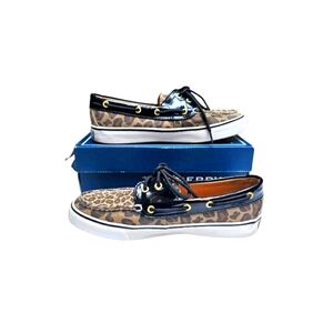 Sperry Top Slider Leopard Print Slip on Sneakers Lace Tie Detail Patent Leather